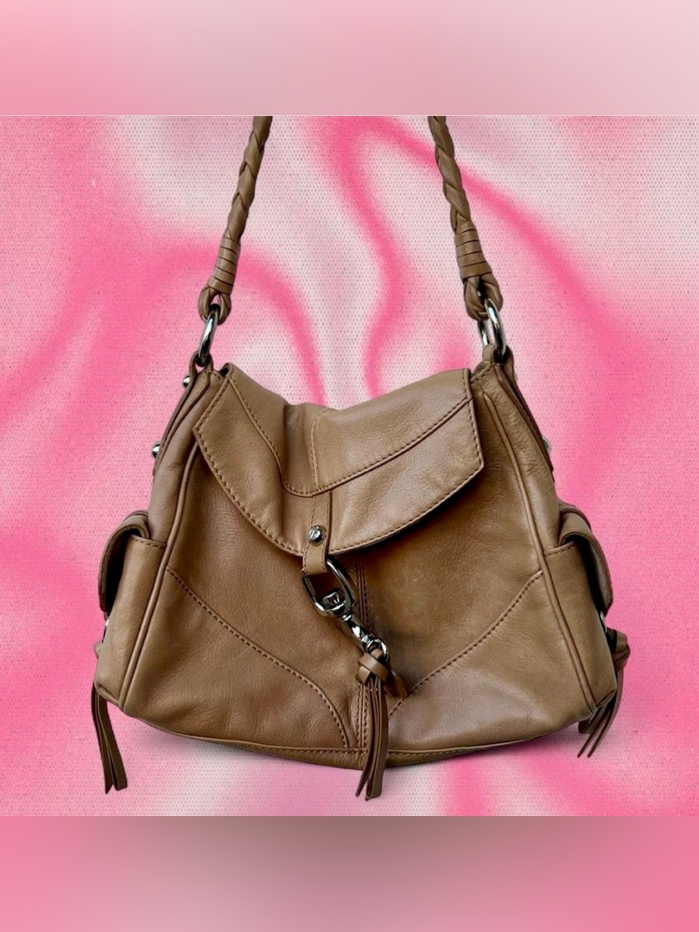 Vintage Y2K Tan Leather Braided Handle Francesco Biasa Shoulder Bag